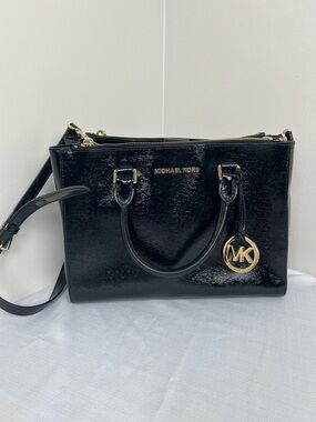Michael Kors Black Patent Satchel with Gold Accents